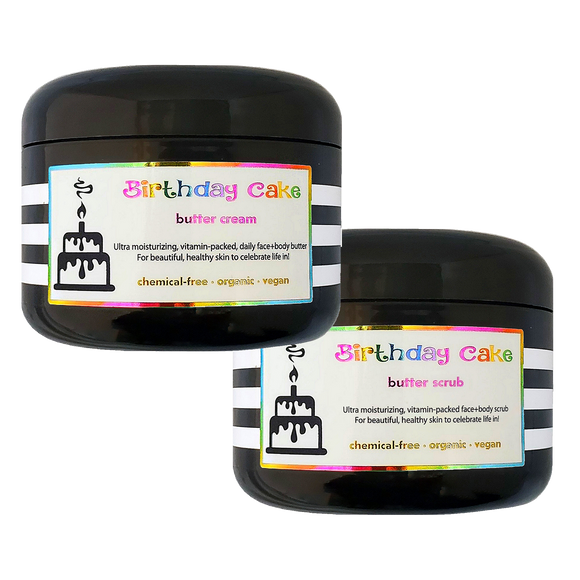 Birthday Cake - Scrub+Cream <br>*Rich, heavenly, daily skin care<br>*ALSO for with scars/stretch marks/ashy skin/loose skin/cellulite/& more! <br>*Anti-itch, organic, vegan, chemical-free