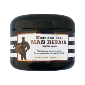 Wear and Tear MAN REPAIR - scrub - <br>*Rich, wholesome face and body skincare <br>*ALSO for scars/marks/ashy skin/loose skin/cellulite/& more! <br>*Anti-itch, organic, vegan, chemical-free