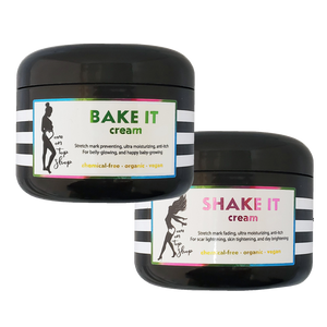 BAKE IT + SHAKE IT - Butter creams <br>*During+after (even DECADES after) pregnancy<br> *Prevent and fade stretch marks, also use for dry skin/loose skin/scars/eczema. <br>*Anti-itch, organic, vegan, chemical-free