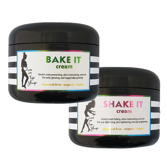 BAKE IT + SHAKE IT - Butter creams <br>*During+after (even DECADES after) pregnancy<br> *Prevent and fade stretch marks, also use for dry skin/loose skin/scars/eczema. <br>*Anti-itch, organic, vegan, chemical-free