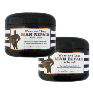 Wear and Tear MAN REPAIR - scrub + cream<br>*Rich, wholesome face and body skincare <br>*ALSO for scars/marks/ashy skin/loose skin/cellulite/& more! <br>*Anti-itch, organic, vegan, chemical-free